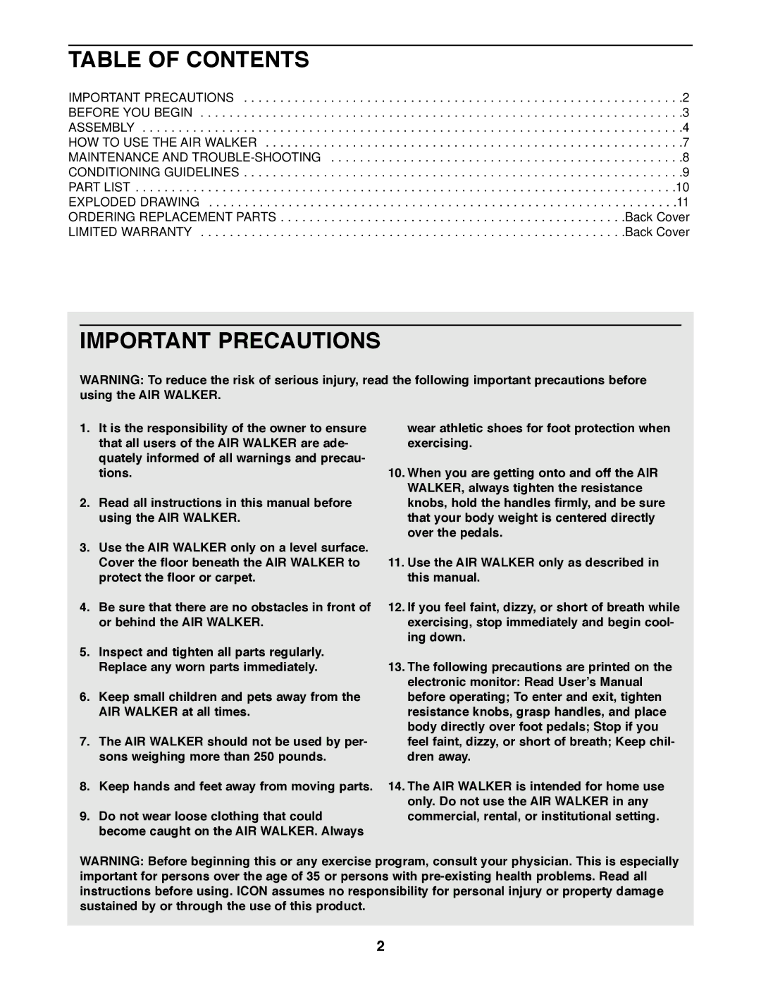 ProForm PFMC77754 user manual Table of Contents, Important Precautions 