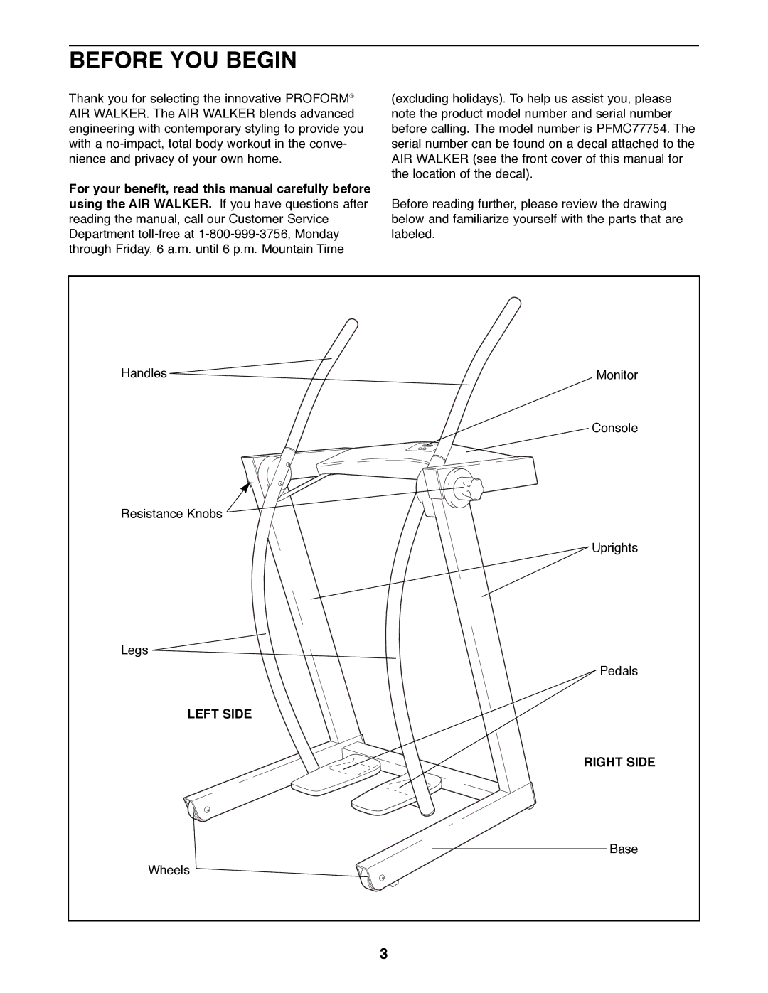 ProForm PFMC77754 user manual Before YOU Begin, Left Side Right Side 