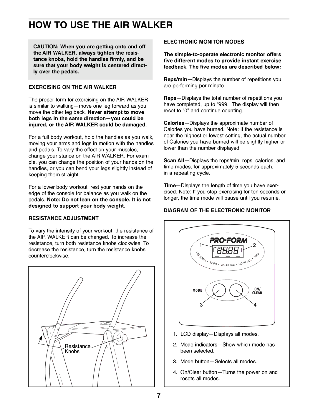 ProForm PFMC77754 HOW to USE the AIR Walker, Exercising on the AIR Walker, Resistance Adjustment, Electronic Monitor Modes 