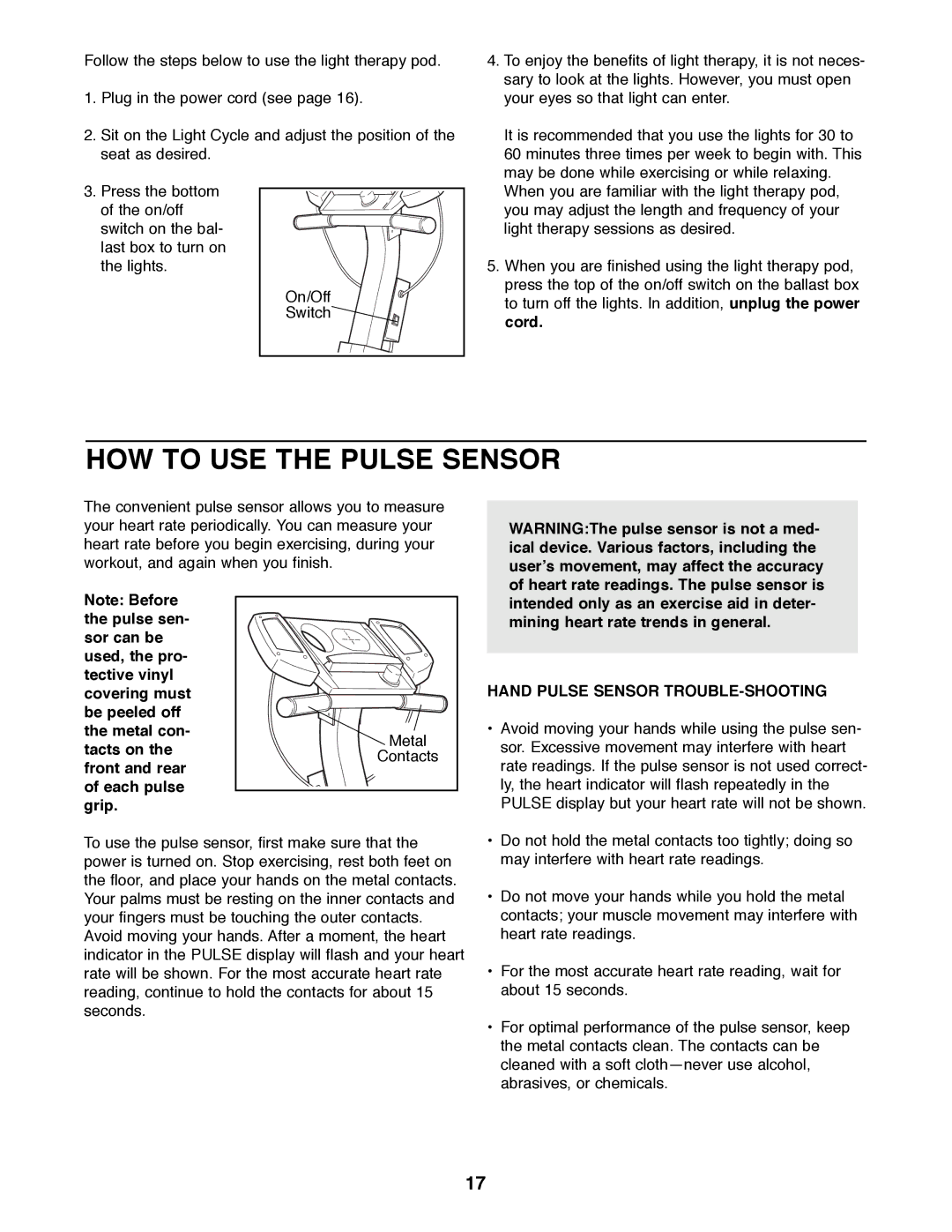 ProForm PFRX35390 user manual HOW to USE the Pulse Sensor, Hand Pulse Sensor TROUBLE-SHOOTING 