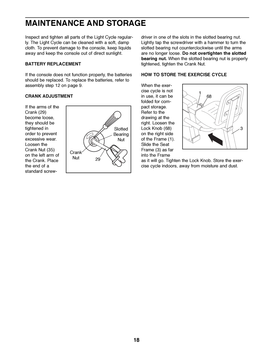 ProForm PFRX35390 Maintenance and Storage, Battery Replacement, Crank Adjustment, HOW to Store the Exercise Cycle 