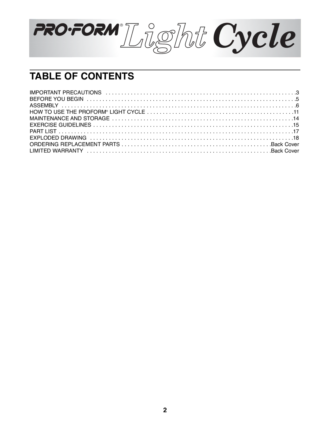 ProForm PFRX35391 user manual Table of Contents 