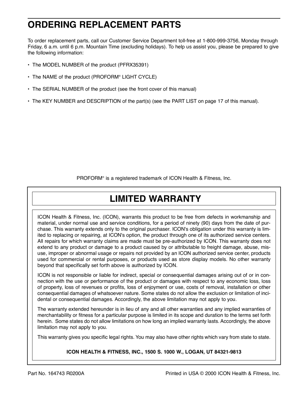 ProForm PFRX35391 user manual Ordering Replacement Parts, Limited Warranty 