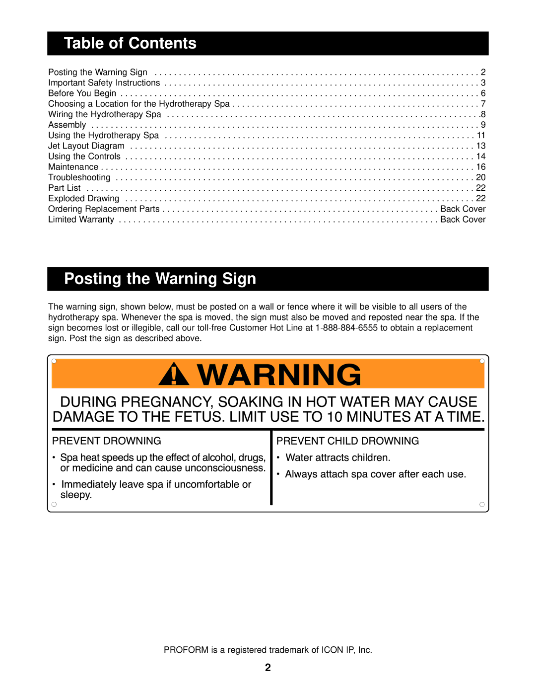 ProForm PFSB43140 user manual Table of Contents, Posting the Warning Sign 