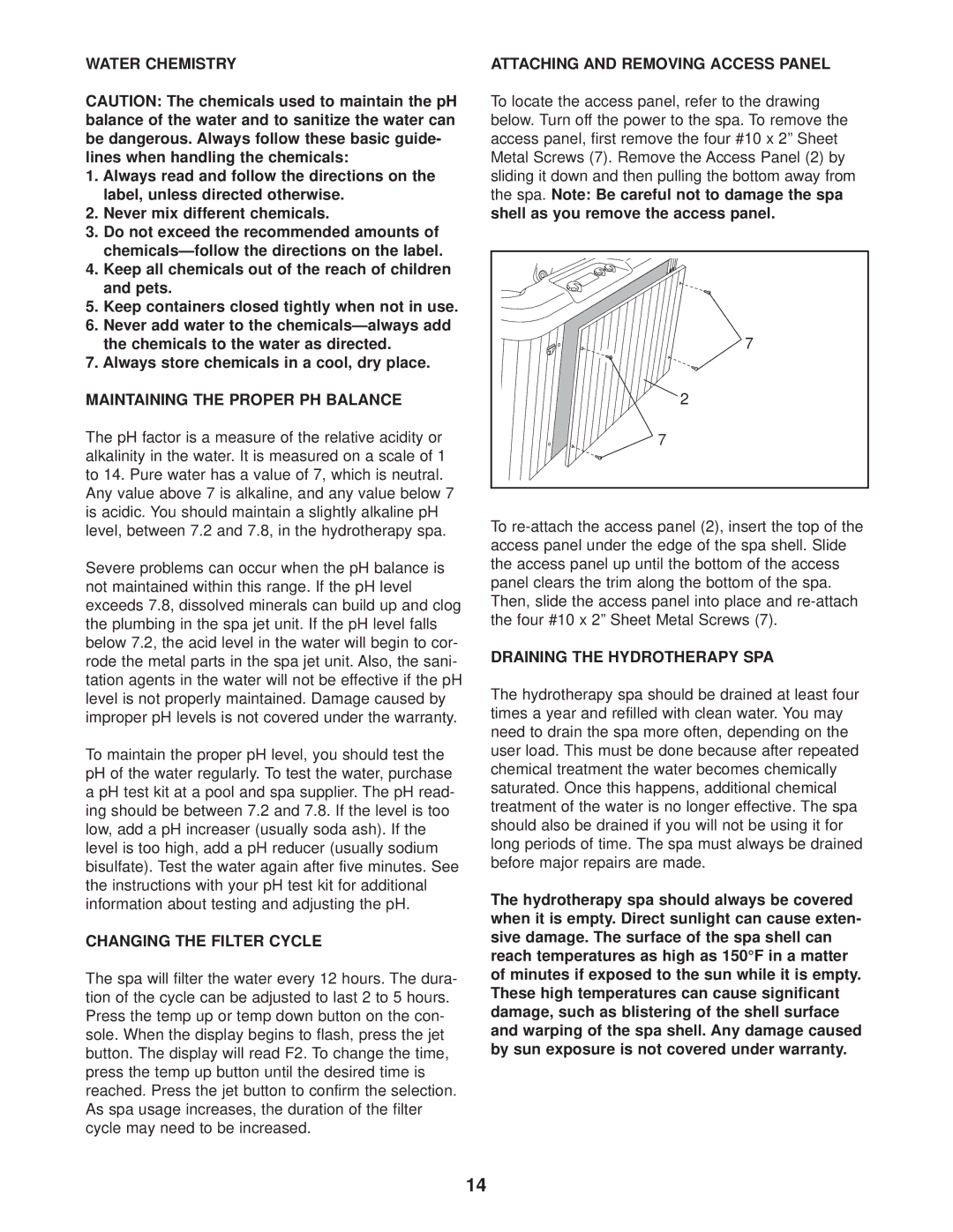 ProForm PFSB62830 user manual Water Chemistry, Maintaining the Proper PH Balance, Changing the Filter Cycle 