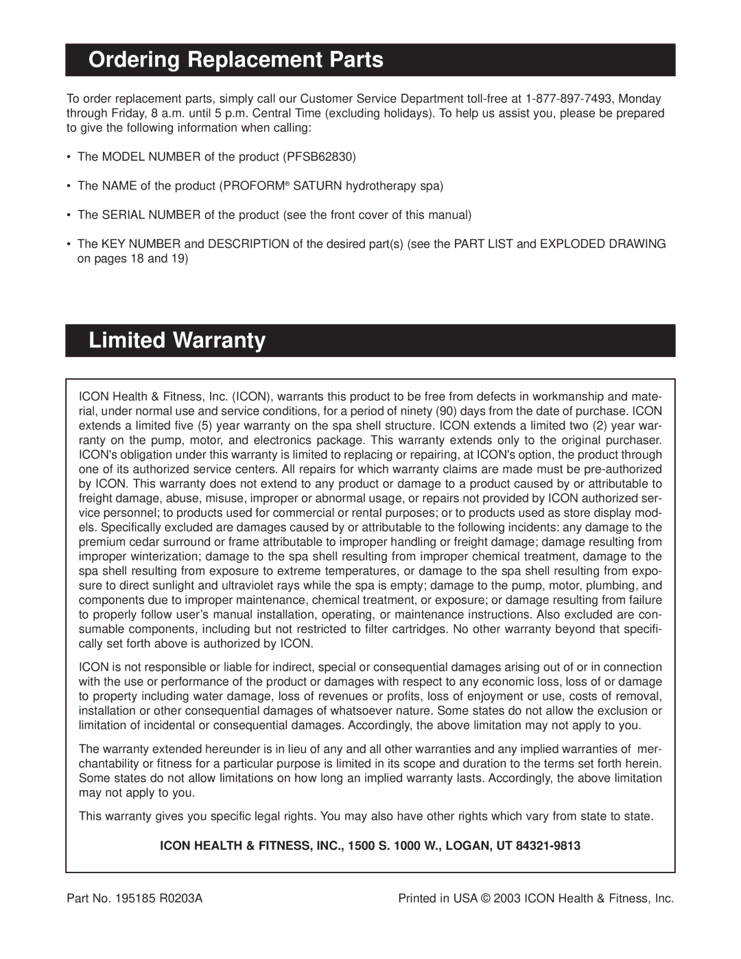 ProForm PFSB62830 Ordering Replacement Parts, Limited Warranty, Icon Health & FITNESS, INC., 1500 S W., LOGAN, UT 