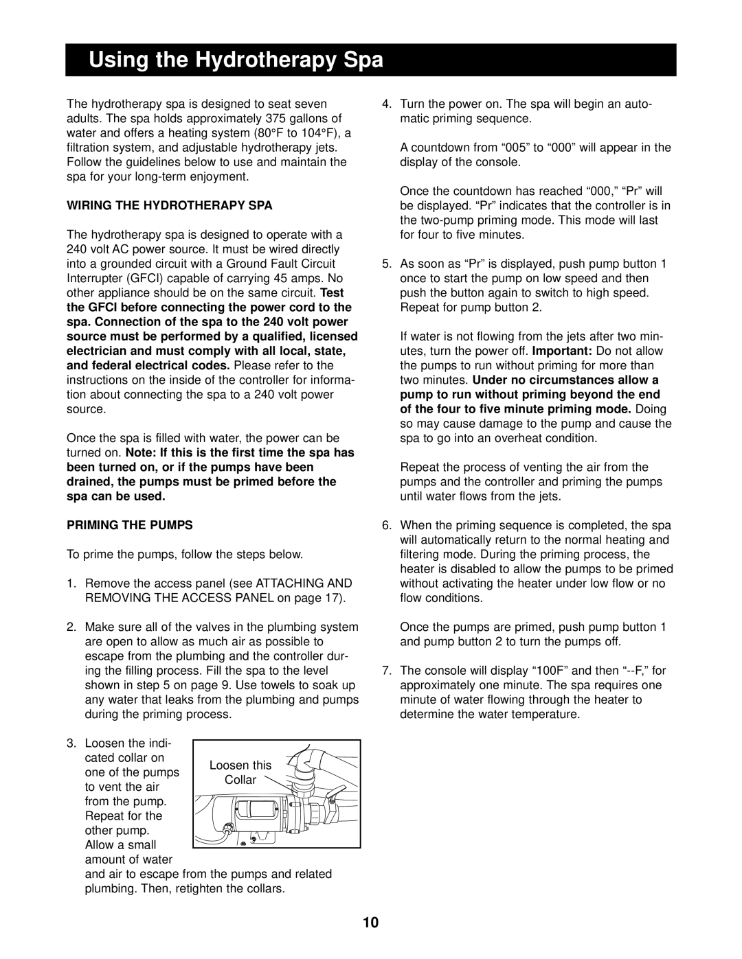 ProForm PFSB73930 user manual Using the Hydrotherapy Spa, Wiring the Hydrotherapy SPA, Priming the Pumps 