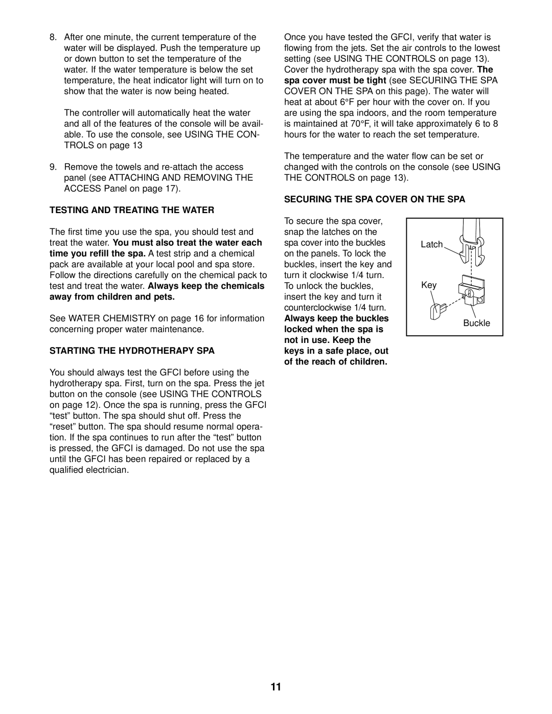 ProForm PFSB73930 Testing and Treating the Water, Securing the SPA Cover on the SPA, Starting the Hydrotherapy SPA 