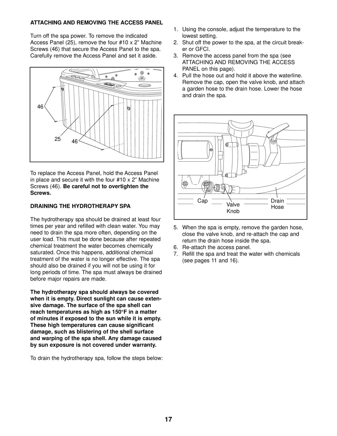 ProForm PFSB73930 user manual Attaching and Removing the Access Panel, Screws, Draining the Hydrotherapy SPA 