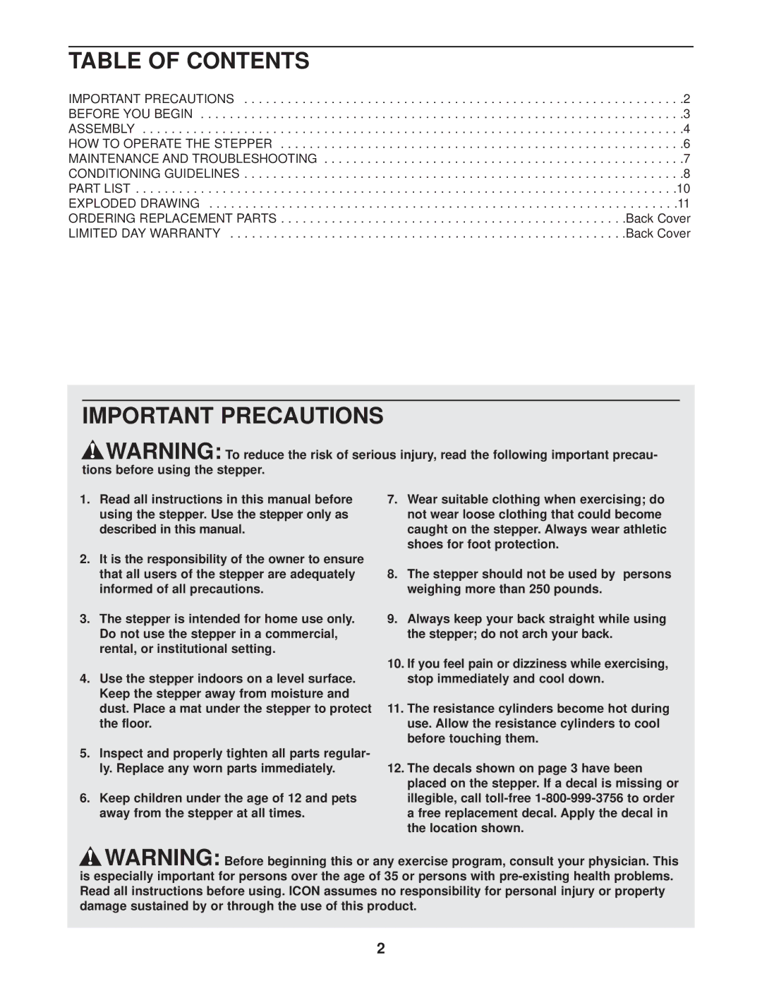 ProForm PFST12020 user manual Table of Contents, Important Precautions 