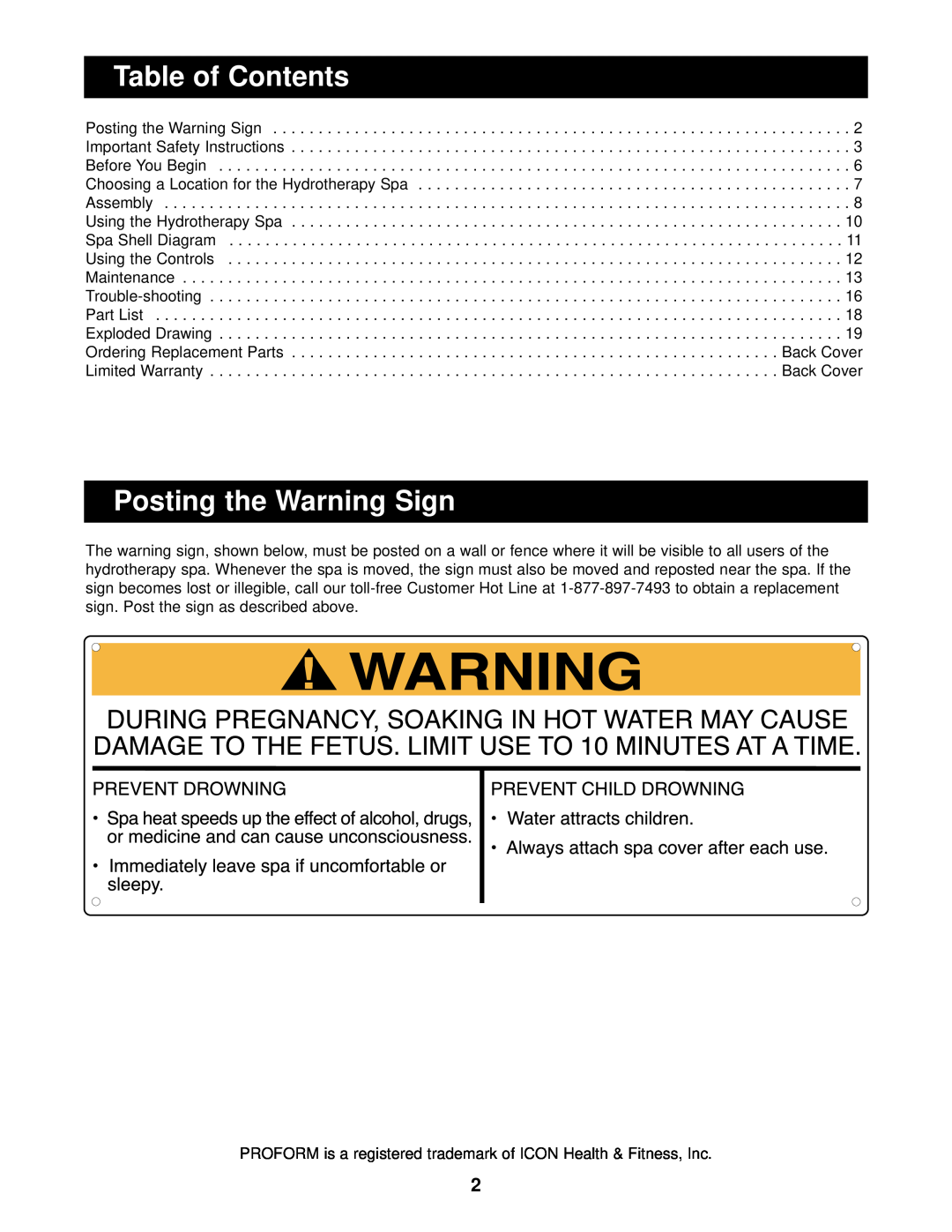 ProForm PFSW73900, PFSB73900, PFSG73900, PFSW73900, PFSB73900, PFG73900 Table of Contents, Posting the Warning Sign 