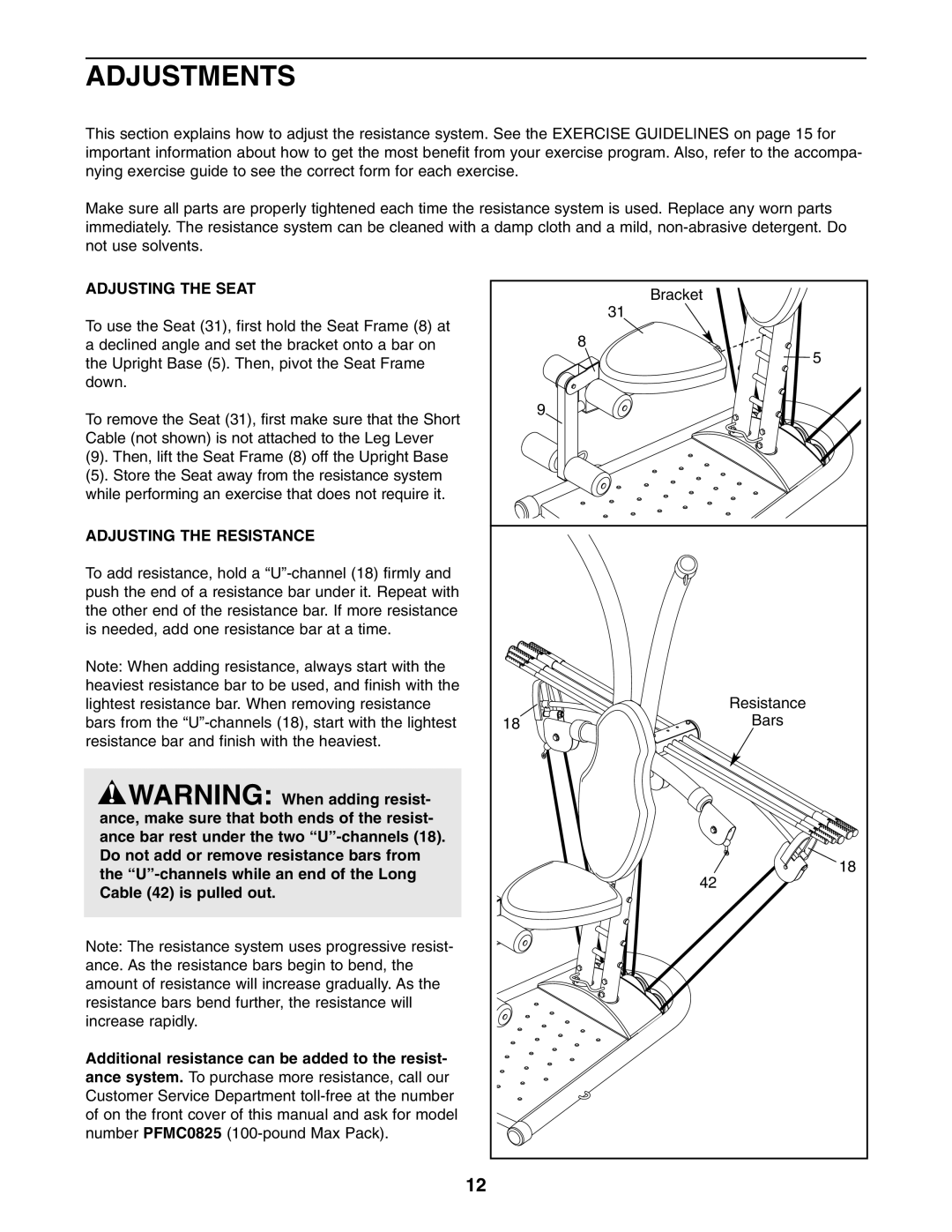 ProForm PFSY2925.0 user manual Adjustments, Adjusting the Seat, Adjusting the Resistance 