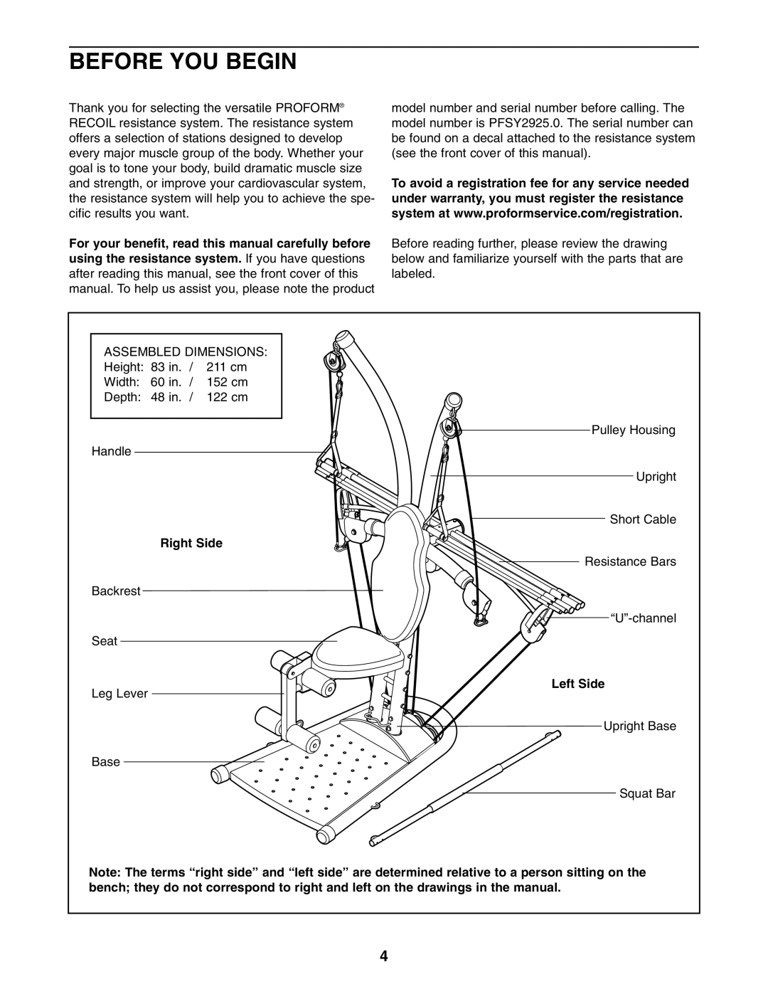 ProForm PFSY2925.0 user manual Before YOU Begin, Right Side, Left Side 