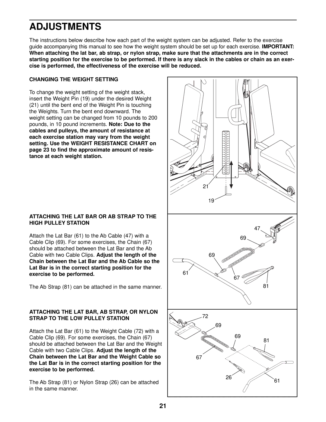 ProForm PFSY59001 Adjustments, Changing the Weight Setting, Attaching the LAT BAR or AB Strap to High Pulley Station 