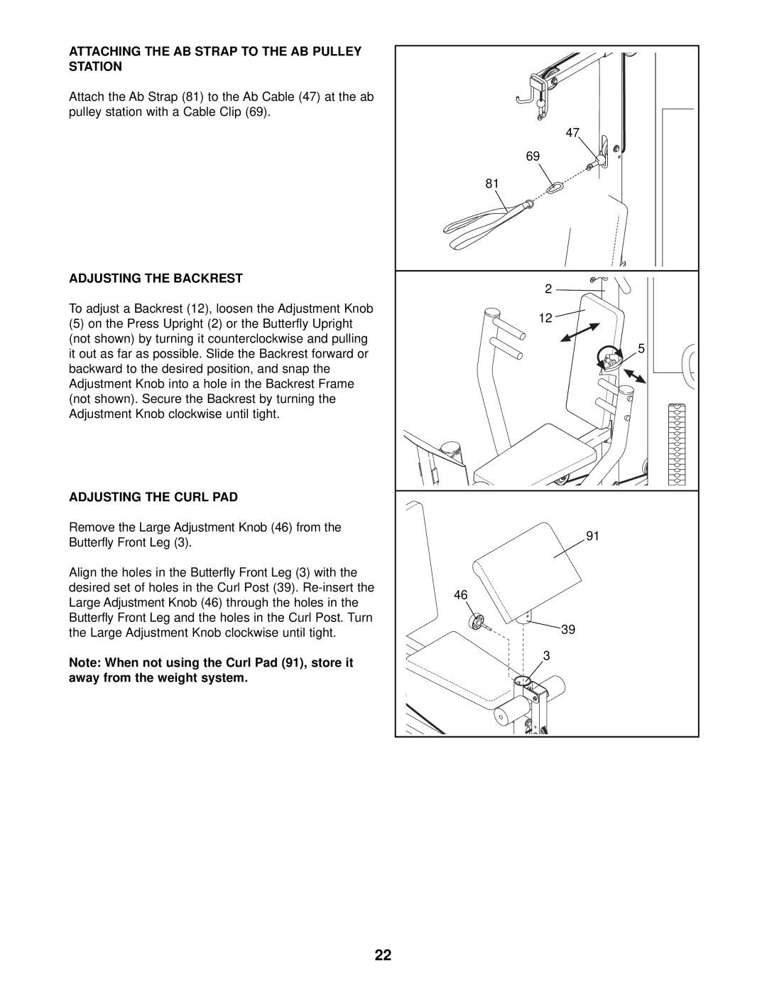 ProForm PFSY59001 Attaching the AB Strap to the AB Pulley Station, Adjusting the Backrest, Adjusting the Curl PAD 