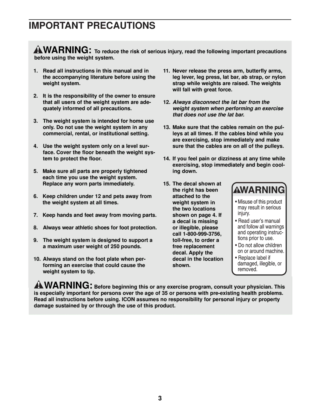 ProForm PFSY59001 user manual Important Precautions 