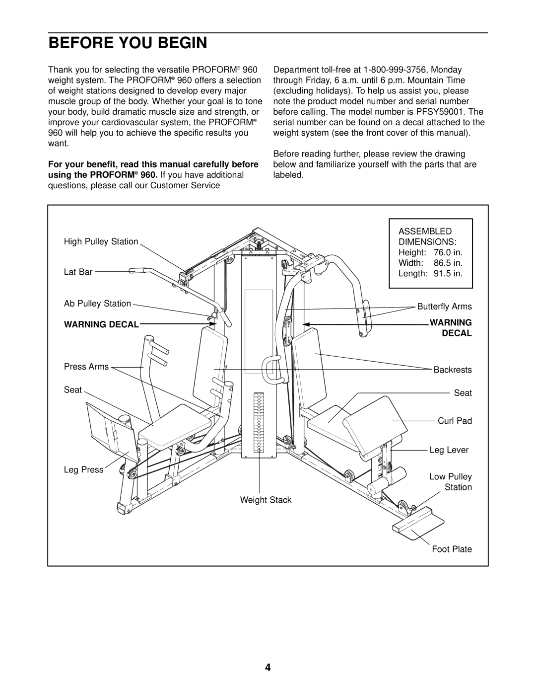 ProForm PFSY59001 user manual Before YOU Begin, Decal 