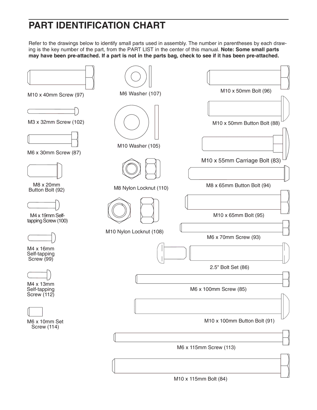 ProForm PFSY6806.0 user manual Part Identification Chart, M10 x 55mm Carriage Bolt 