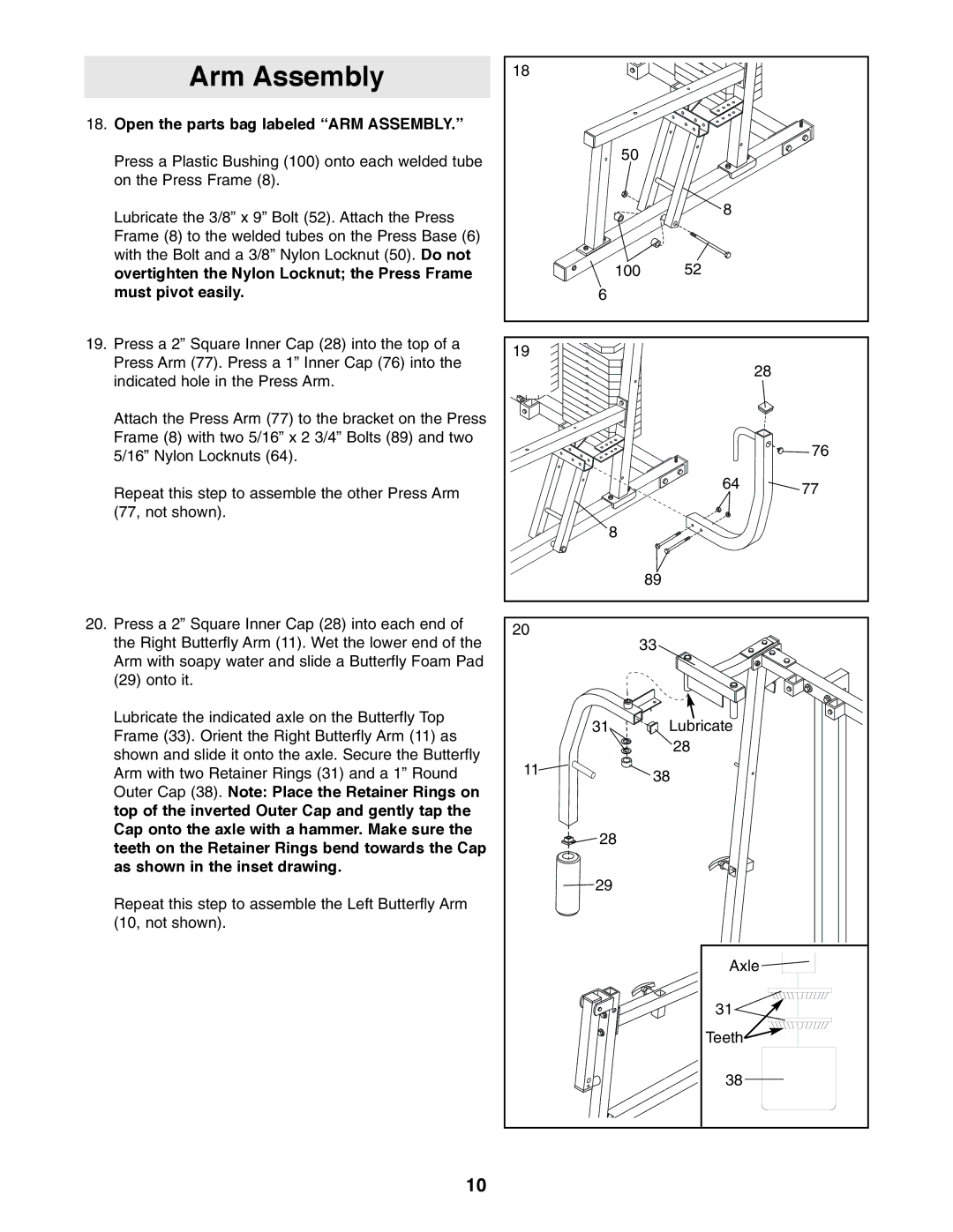 ProForm PFSY74490 user manual Arm Assembly, Open the parts bag labeled ARM Assembly 