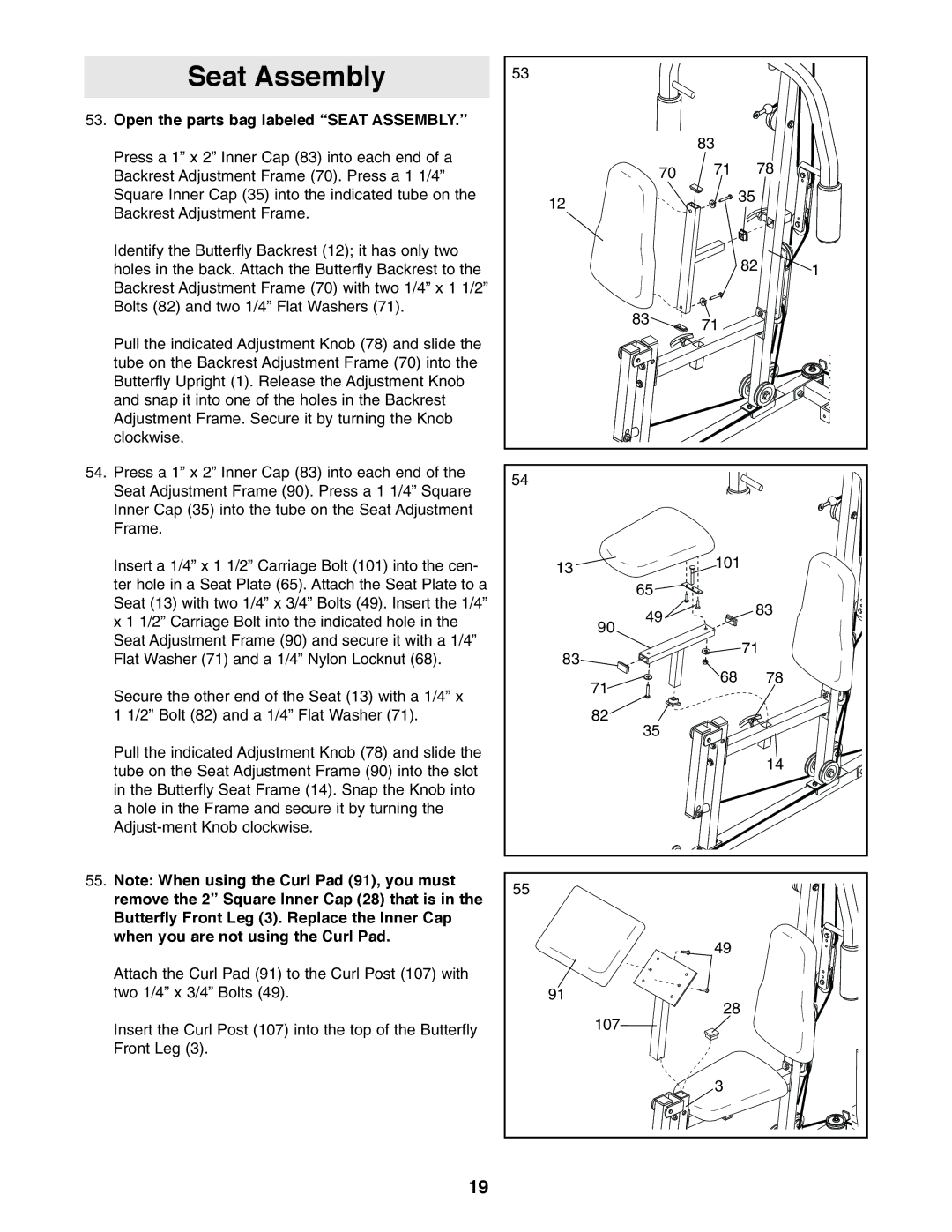 ProForm PFSY74490 user manual Open the parts bag labeled Seat Assembly 