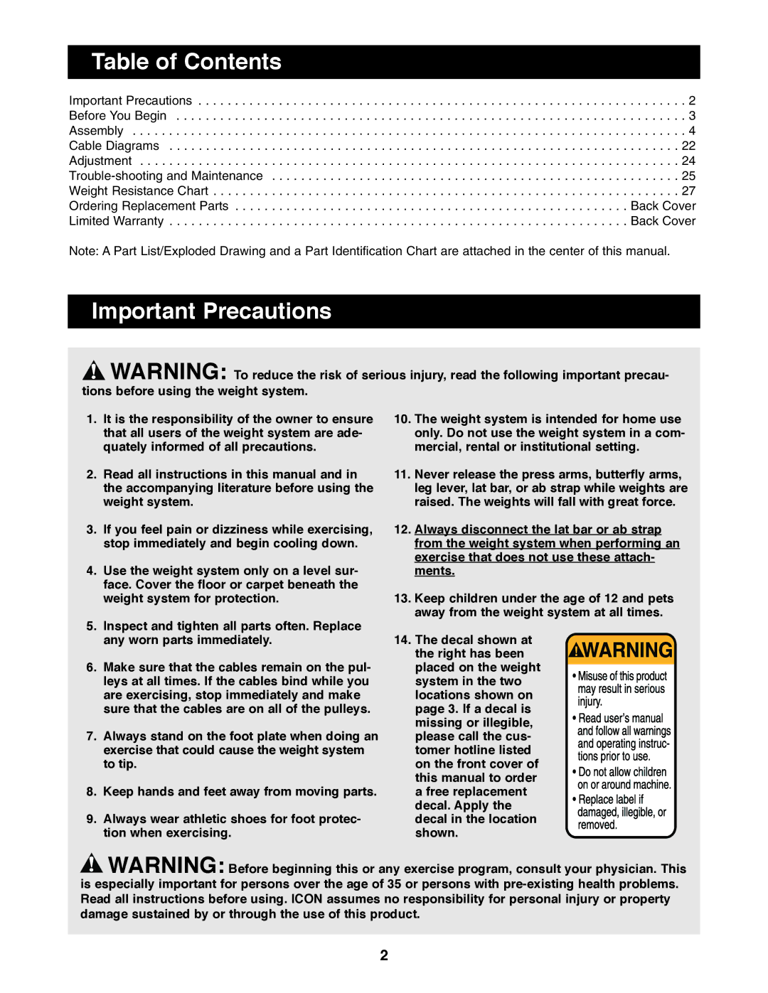 ProForm PFSY74490 user manual Table of Contents, Important Precautions 