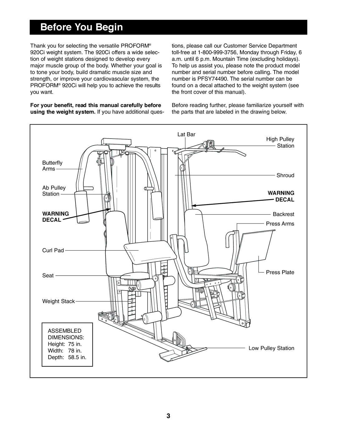 ProForm PFSY74490 user manual Before You Begin 