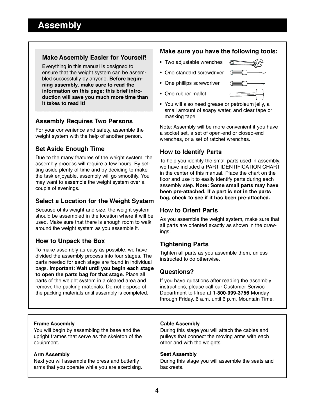 ProForm PFSY74490 user manual Frame Assembly Cable Assembly, Arm Assembly Seat Assembly 