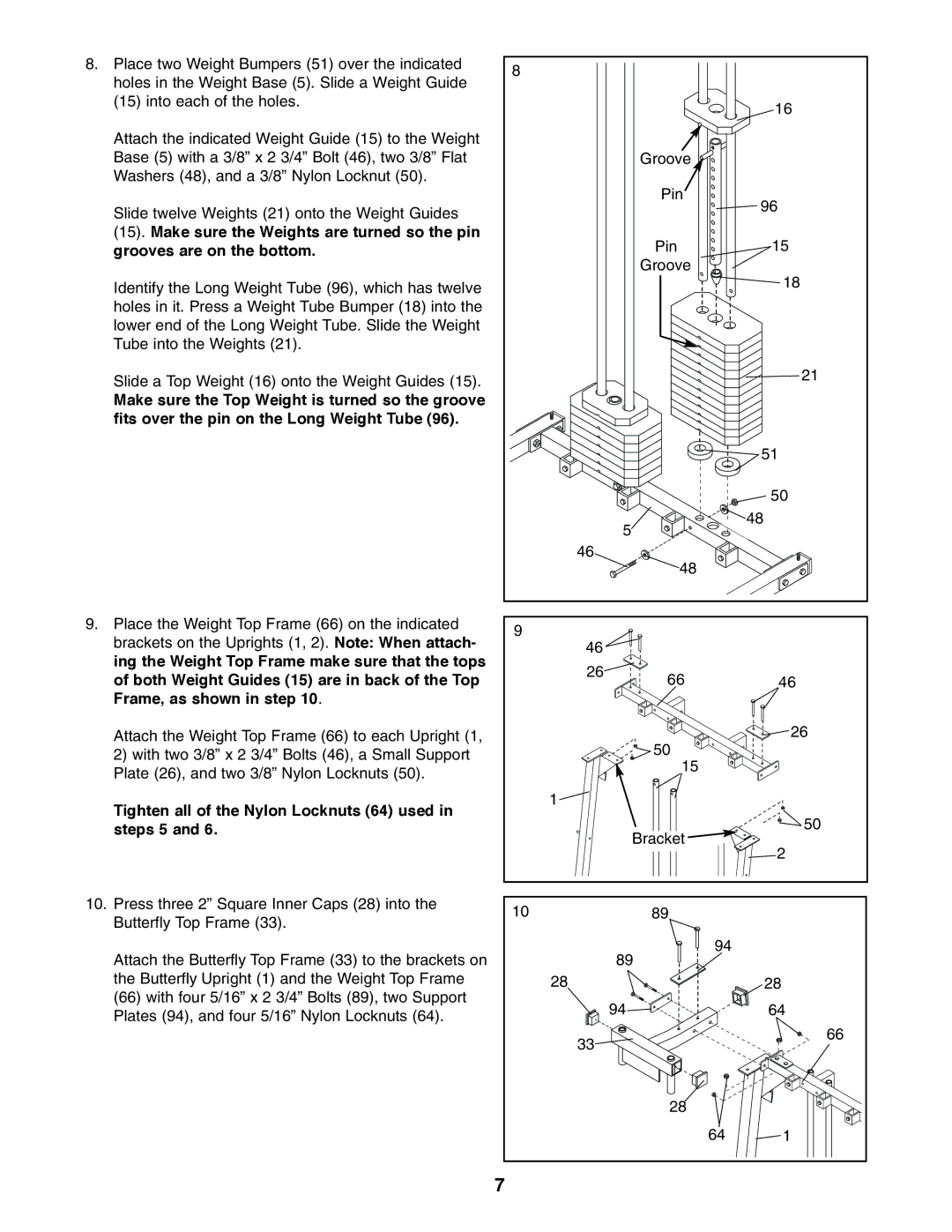 ProForm PFSY74490 user manual Tighten all of the Nylon Locknuts 64 used in steps 5 