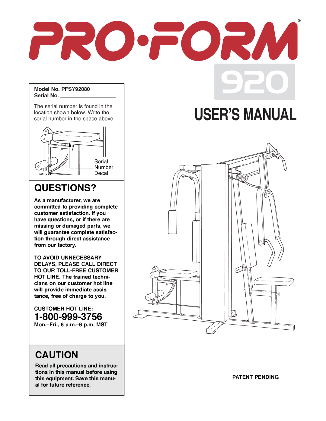 ProForm manual Questions?, Model No. PFSY92080 Serial No 