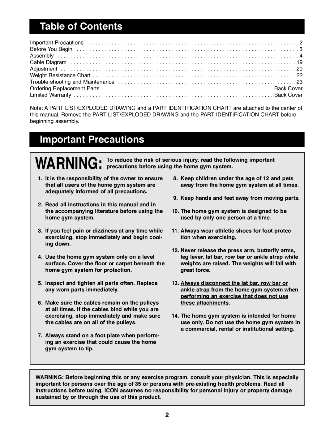 ProForm PFSY92080 manual Table of Contents, Important Precautions 