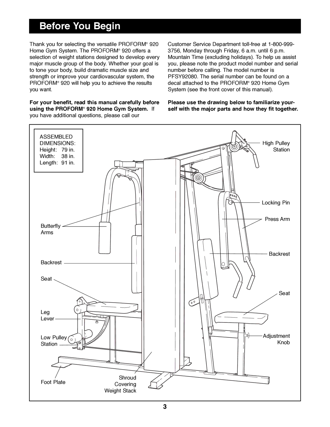 ProForm PFSY92080 manual Before You Begin, Assembled Dimensions 