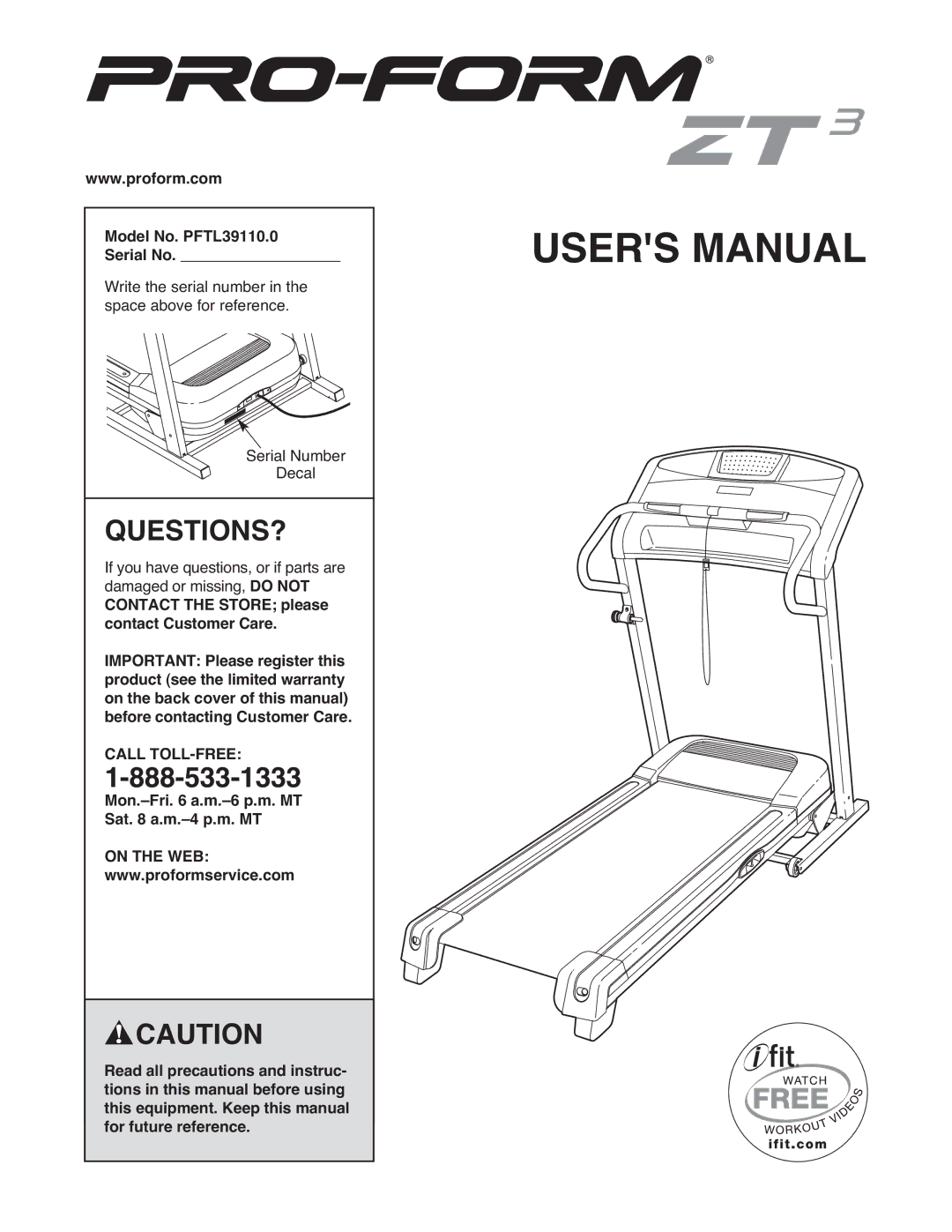 ProForm PFT39110.0 user manual Questions?, Model No. PFTL39110.0 Serial No, Mon.-Fri a.m.-6 p.m. MT Sat a.m.-4 p.m. MT 