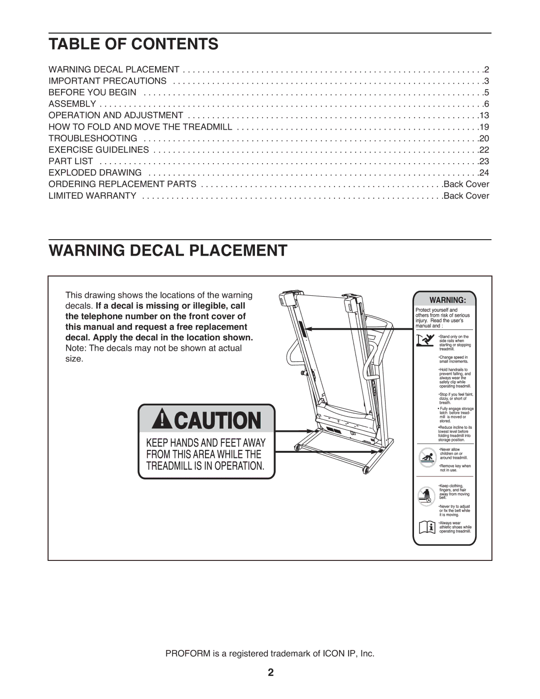 ProForm PFT39110.0 user manual Table of Contents 