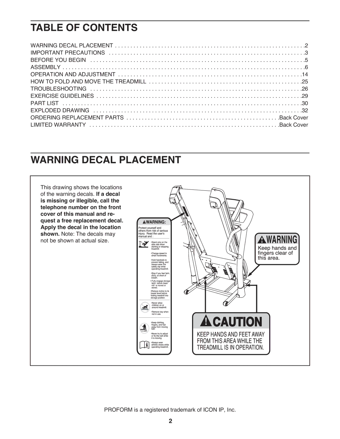 ProForm PFTL01411.0 warranty Table of Contents 