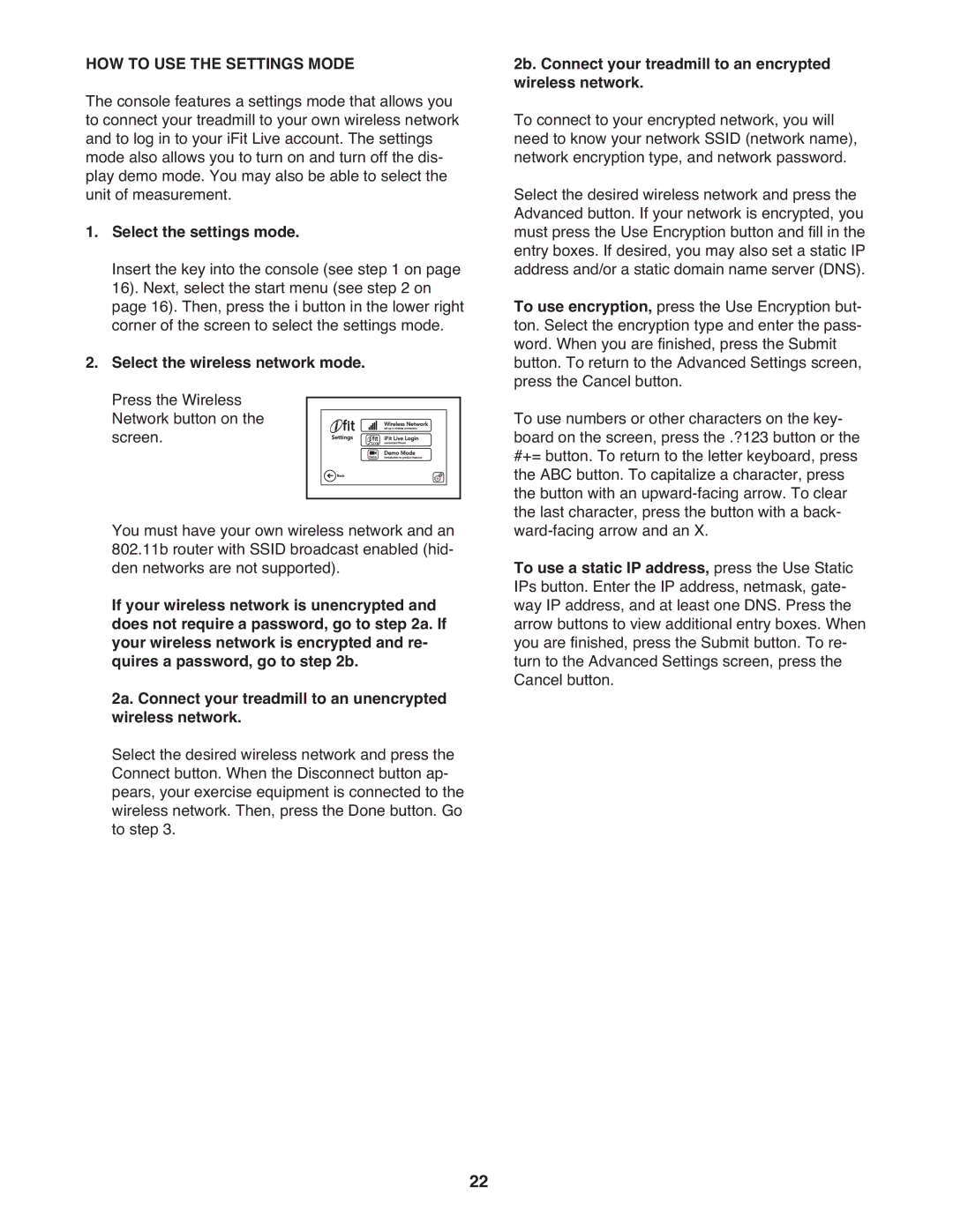 ProForm PFTL01411.0 warranty HOW to USE the Settings Mode, Select the settings mode, Select the wireless network mode 