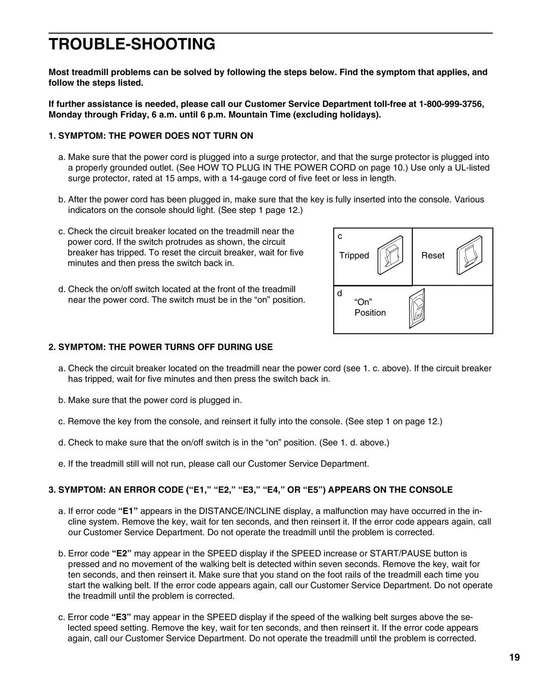 ProForm PFTL05050 user manual Trouble-Shooting, Symptom the Power does not Turn on, Symptom the Power Turns OFF During USE 