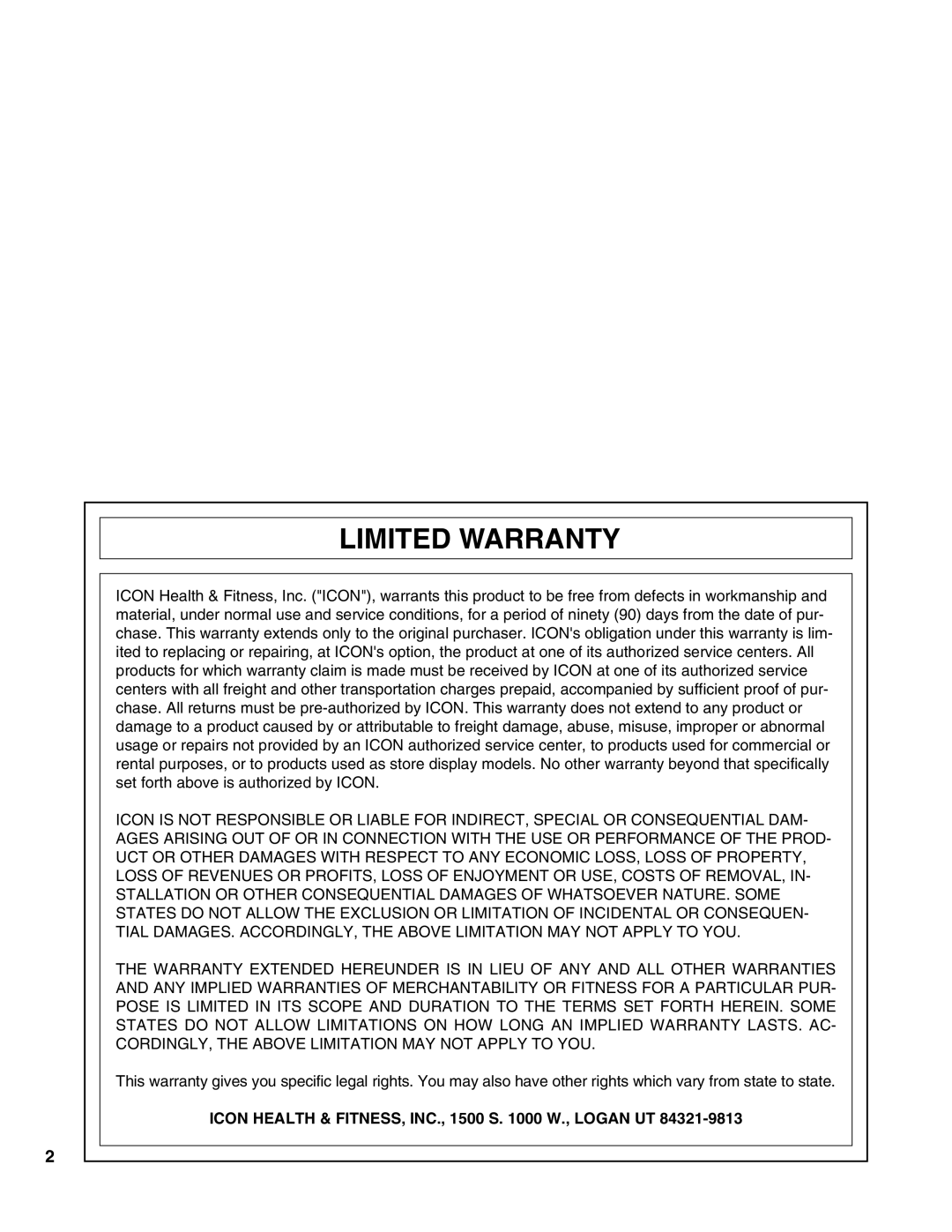 ProForm PFTL05050 user manual Limited Warranty, Icon Health & FITNESS, INC., 1500 S W., Logan UT 