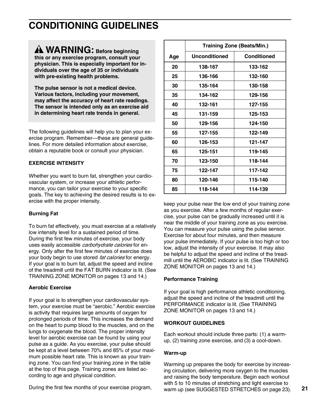 ProForm PFTL05050 Conditioning Guidelines, Exercise Intensity, Burning Fat, Aerobic Exercise, Workout Guidelines 