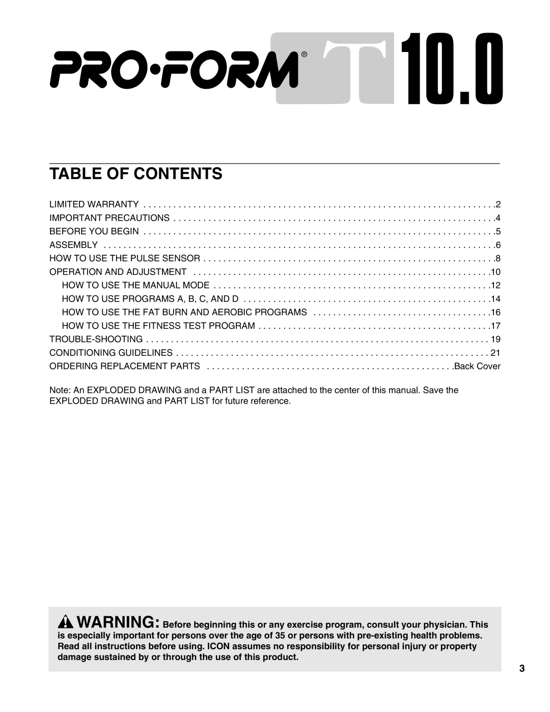 ProForm PFTL05050 user manual Table of Contents 