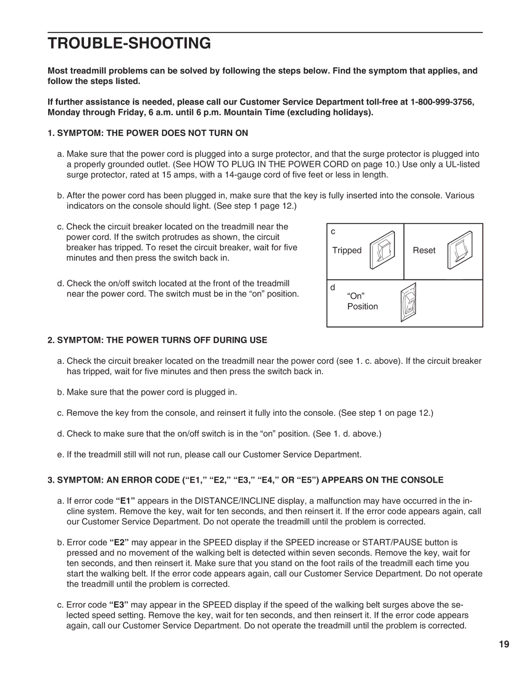 ProForm PFTL05051 user manual Trouble-Shooting, Symptom the Power does not Turn on, Symptom the Power Turns OFF During USE 