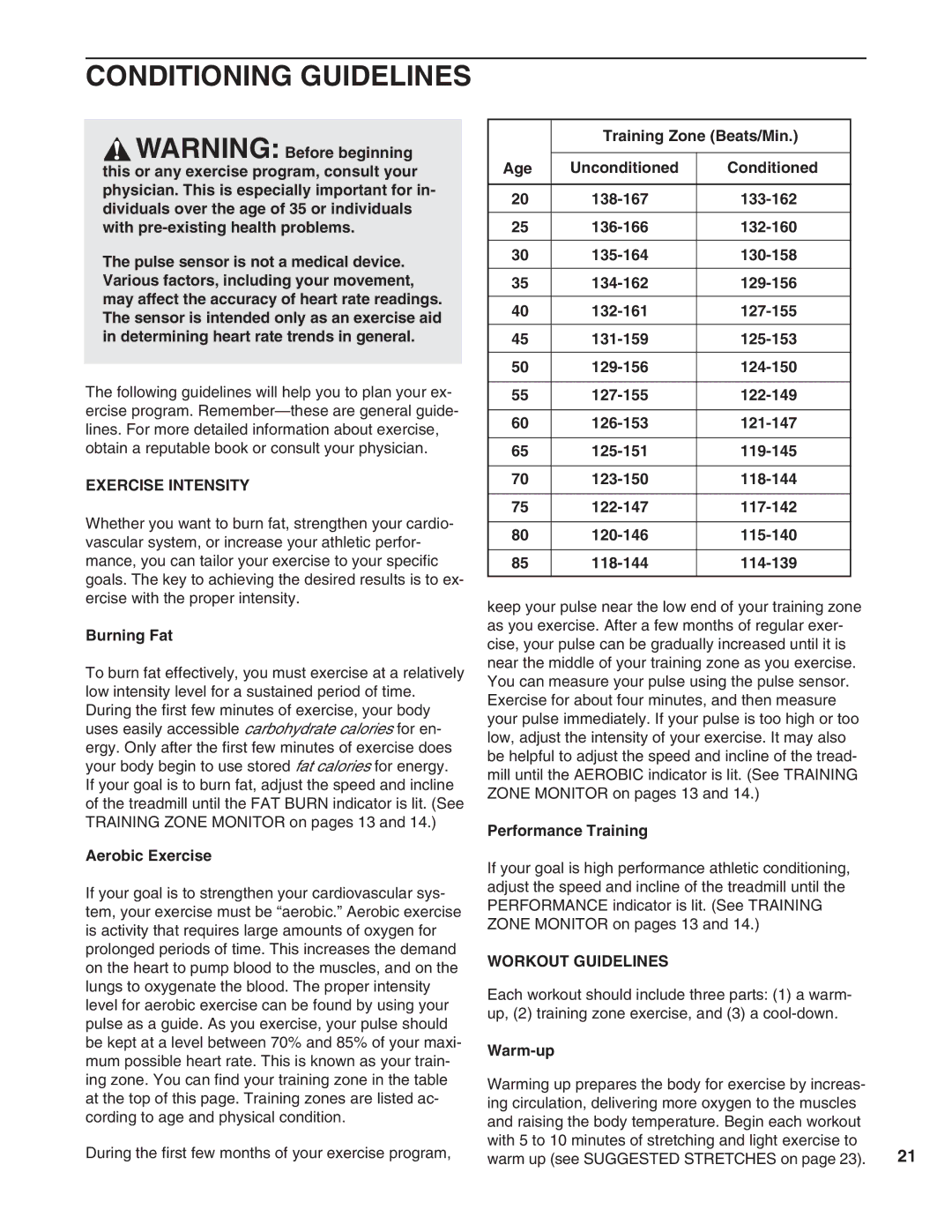 ProForm PFTL05051 Conditioning Guidelines, Exercise Intensity, Burning Fat, Aerobic Exercise, Workout Guidelines 