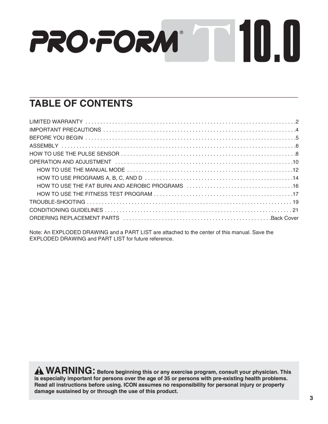 ProForm PFTL05051 user manual Table of Contents 