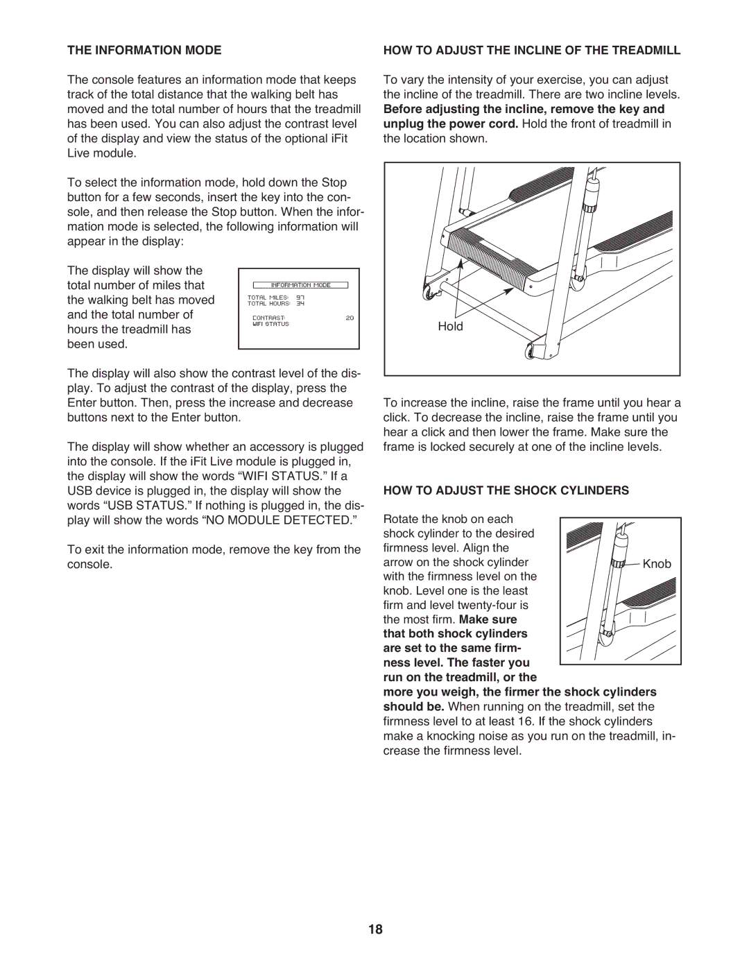 ProForm PFTL05099.0 Information Mode, HOW to Adjust the Incline of the Treadmill, HOW to Adjust the Shock Cylinders 