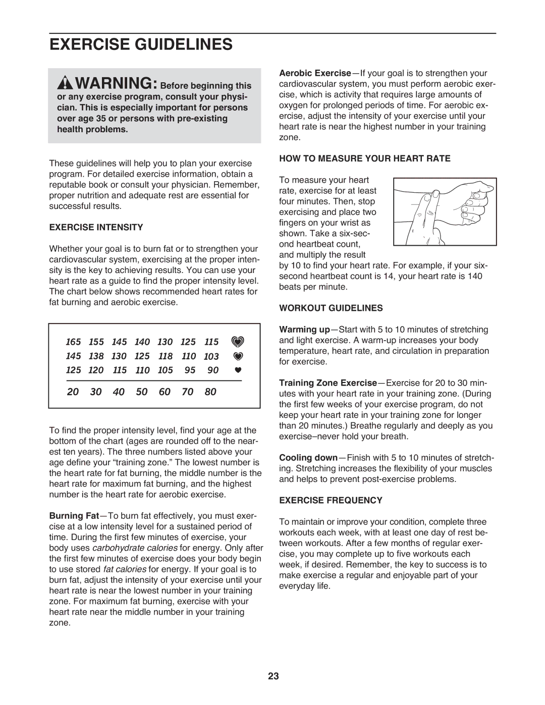 ProForm PFTL05099.0 warranty Exercise Guidelines, Exercise Intensity, HOW to Measure Your Heart Rate, Workout Guidelines 