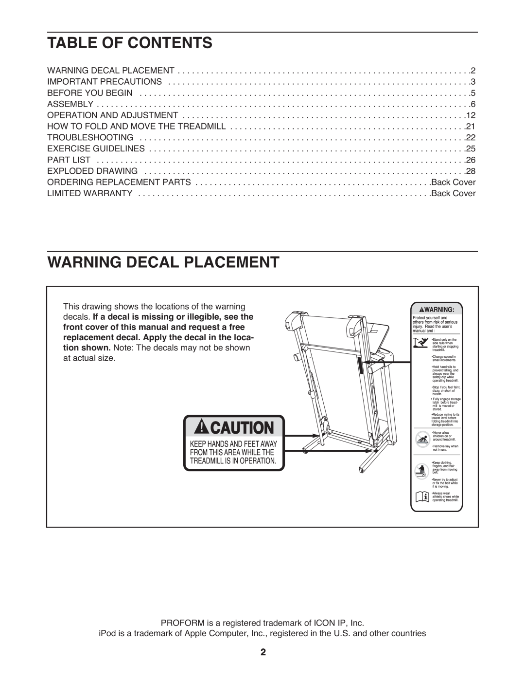 ProForm PFTL06009.0 user manual Table Of Contents, Warning Decal Placement 