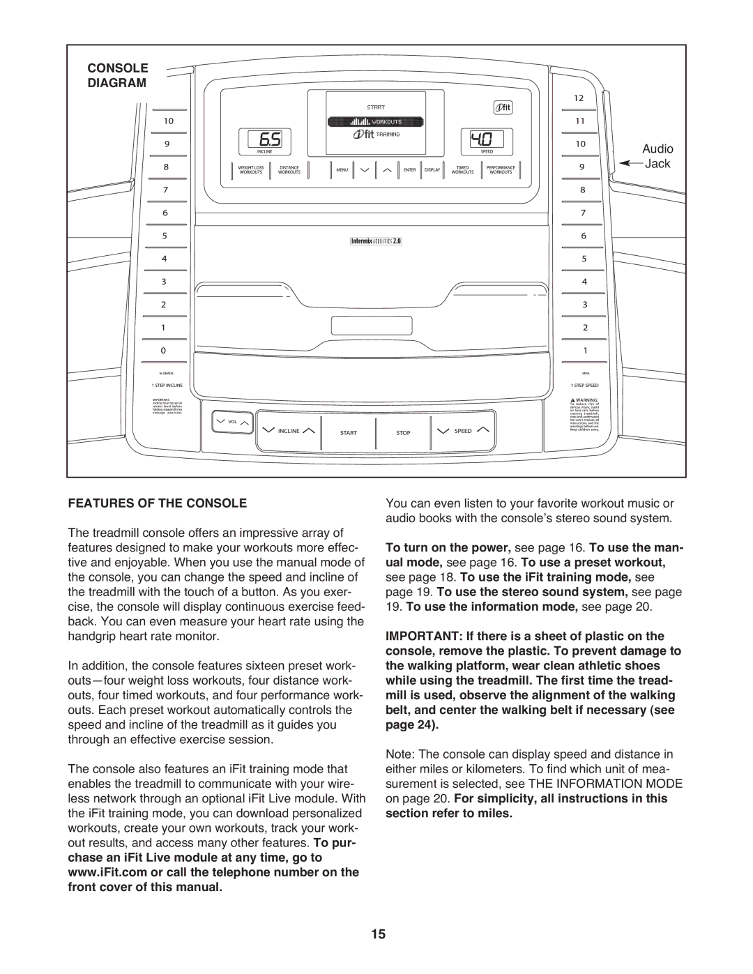 ProForm PFTL06711.0 warranty Diagram, Audio, Jack, Features of the Console 