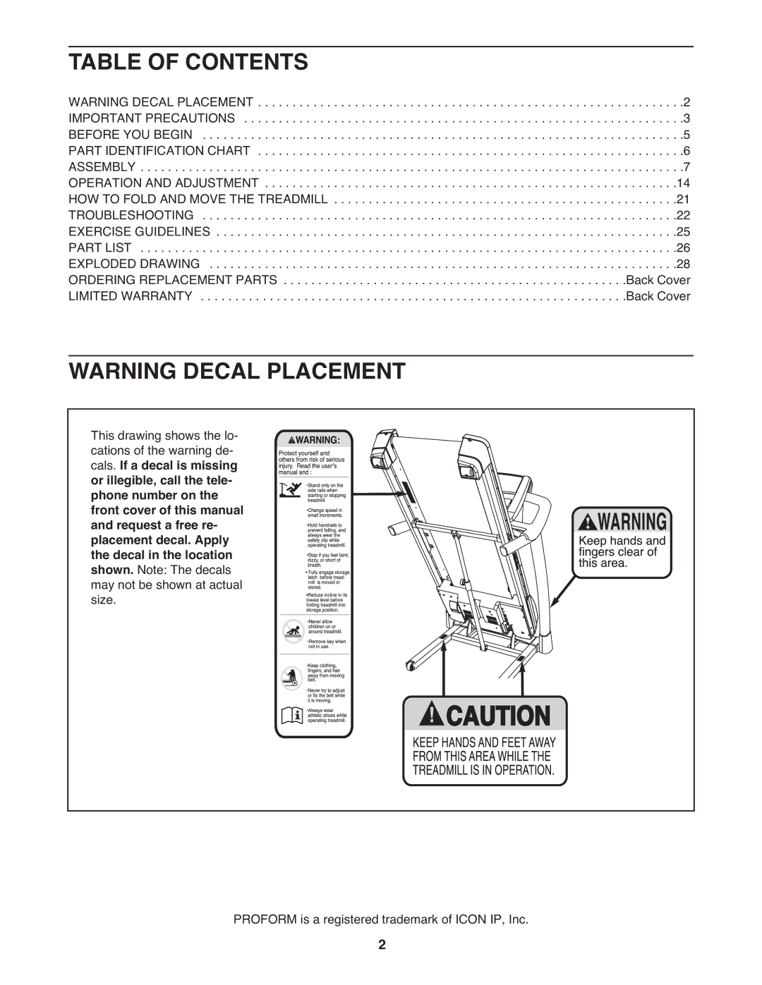 ProForm PFTL06711.0 warranty Table of Contents 