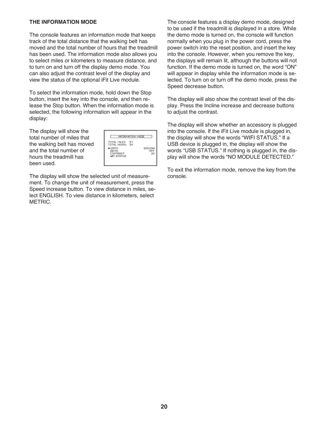 ProForm PFTL06711.0 warranty Information Mode, Metric 