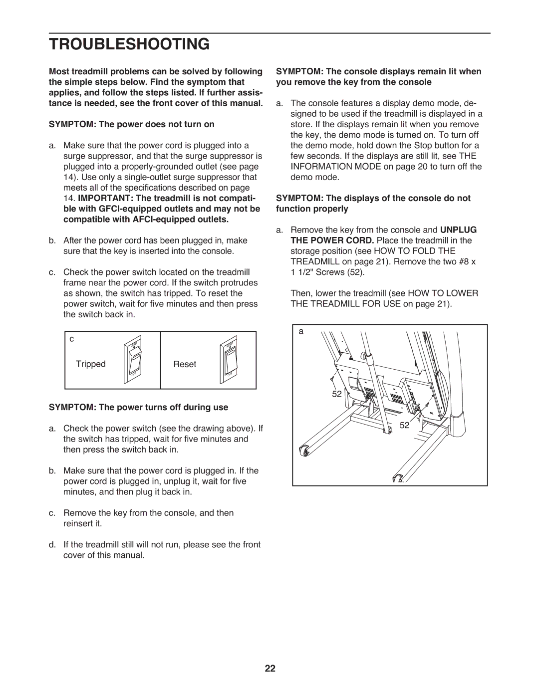 ProForm PFTL06711.0 warranty Troubleshooting, Symptom The power turns off during use 