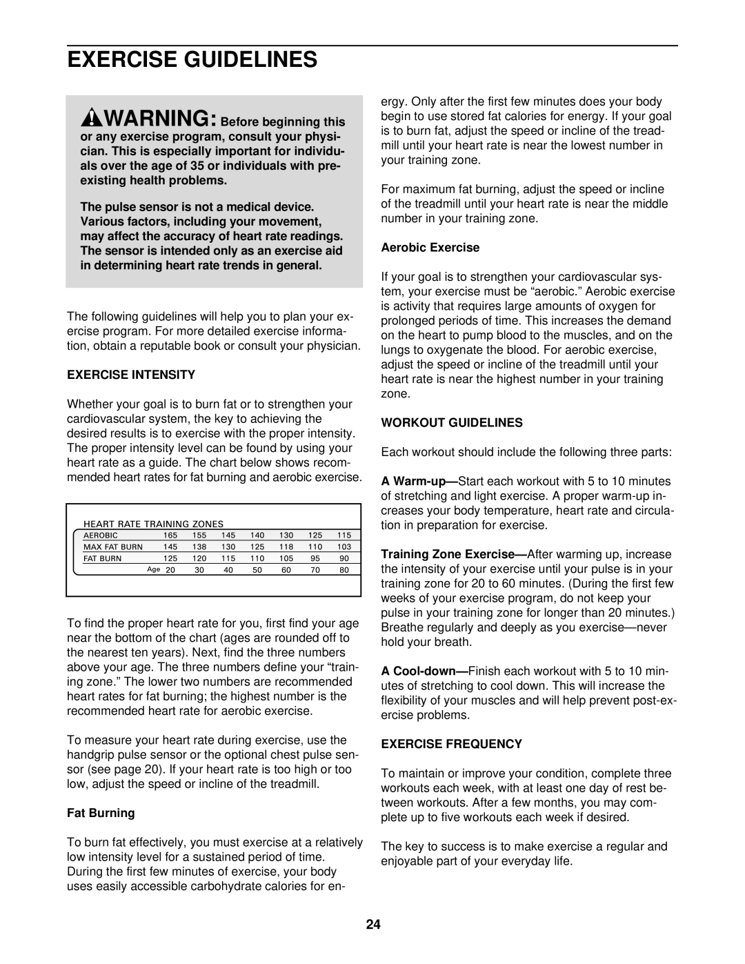 ProForm PFTL09911 user manual Exercise Guidelines, Exercise Intensity, Workout Guidelines, Exercise Frequency 